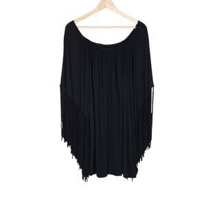 Indah Adara Tunic Dress Small Black Knit Fringe Off Shoulder Above Knee Mini